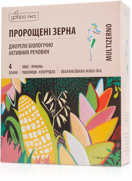 Пророщені зерна 10*10 г, вівса, ячменю, пшениці, кукрузи в коробці "Добра їжа", 100г 2040 фото